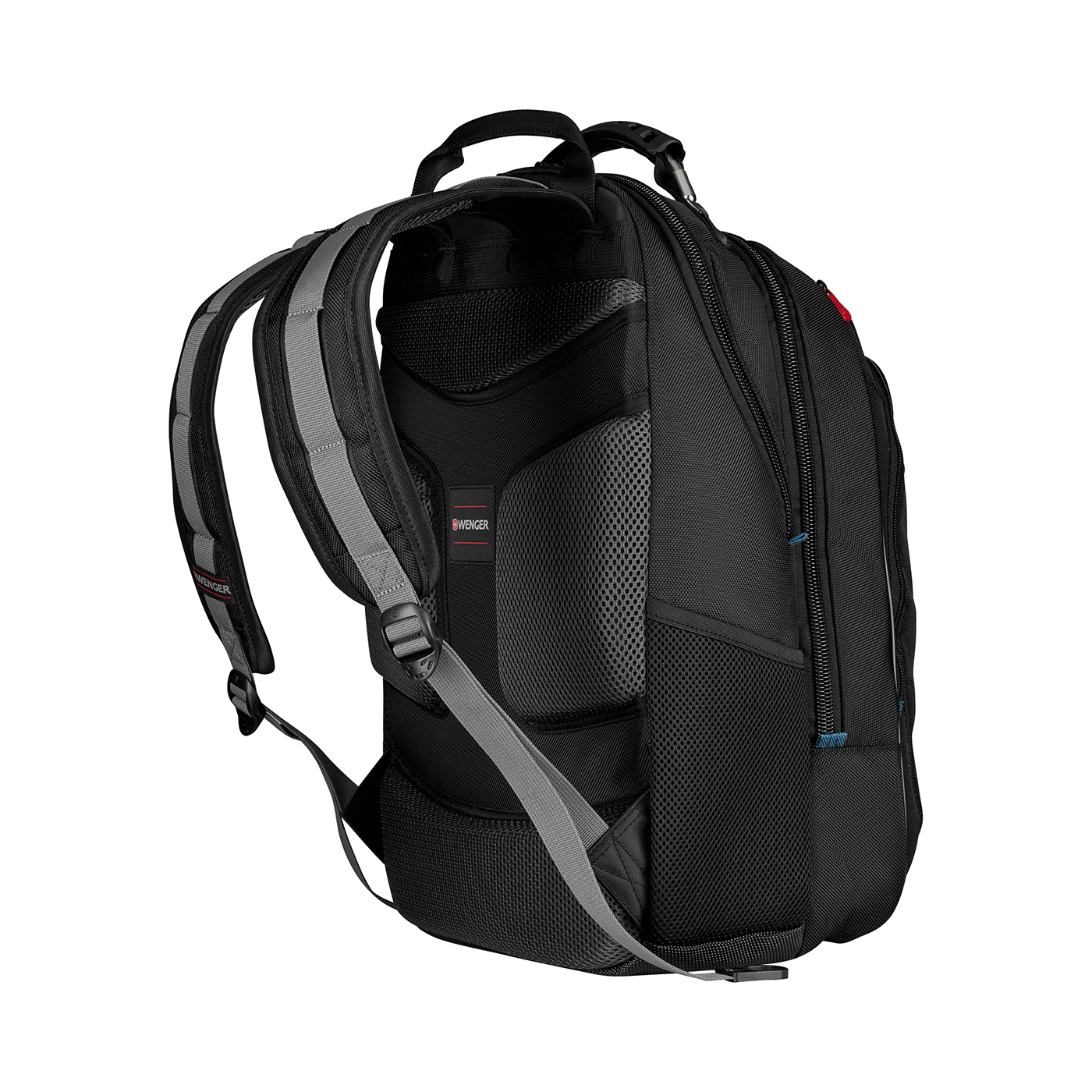Black backpack with gray details and the Wenger logo on a black background.