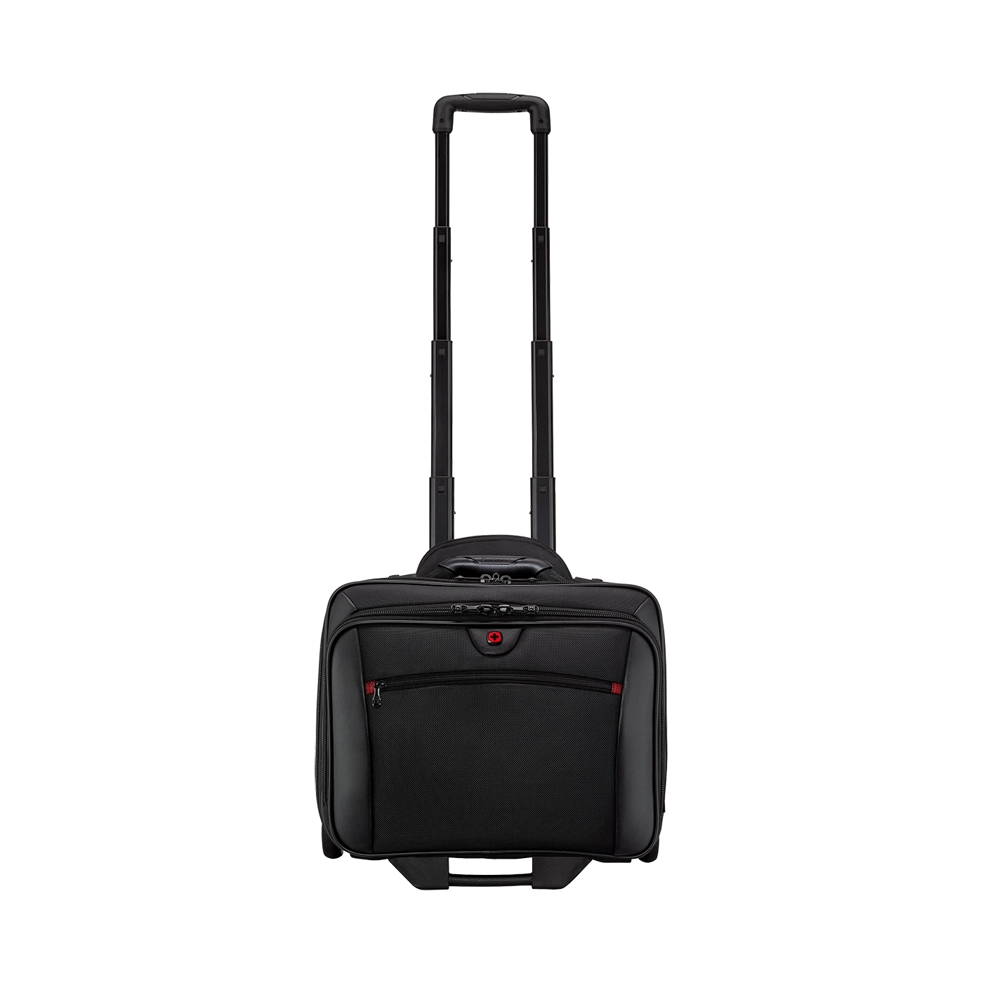 Black rolling suitcase with retractable handle and red zipper detail
