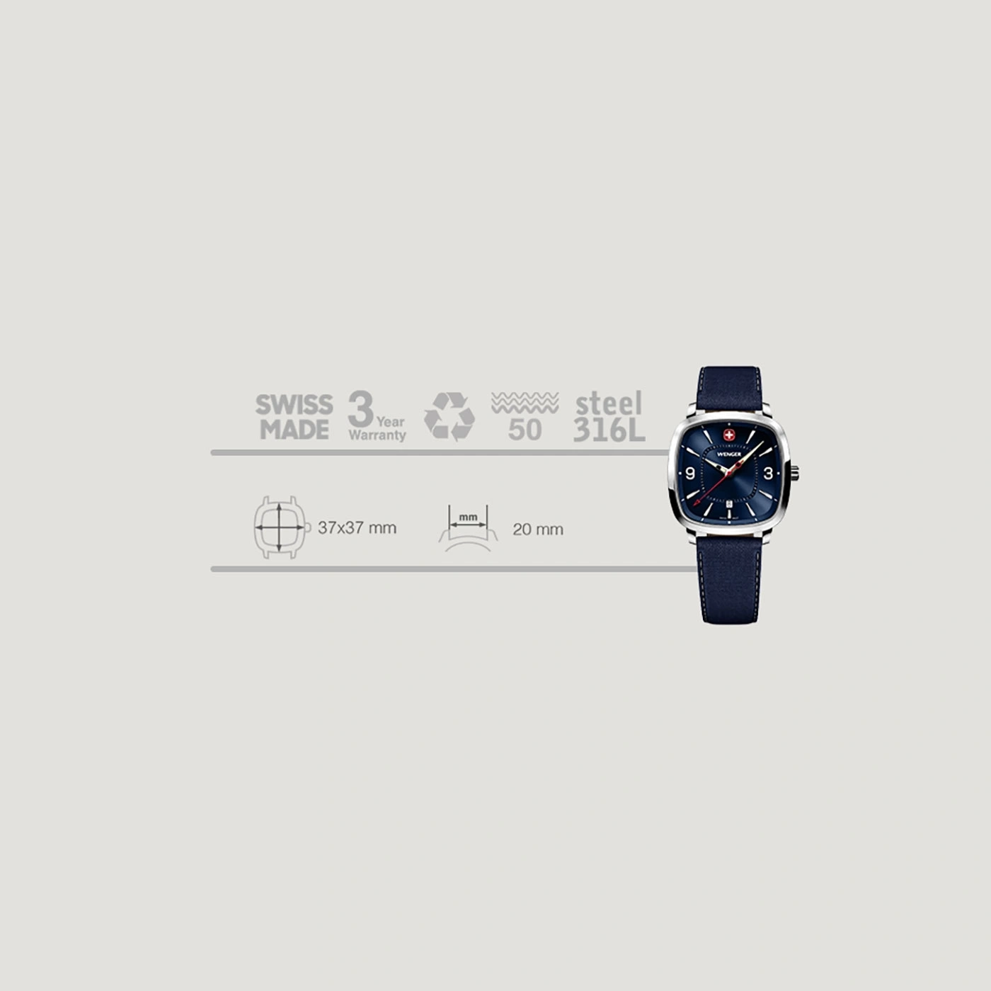 Swiss watch with blue dial, 37x37mm, steel, 3 year warranty.