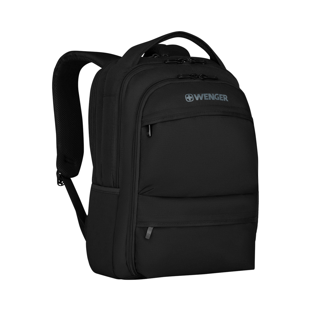 Black Wenger backpack with multiple compartments and zippers, perfect for travel.