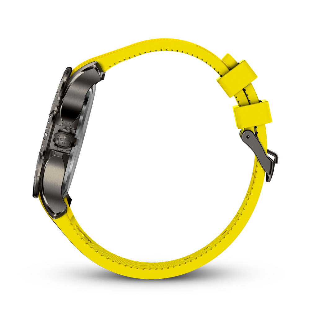 Side view of watch with yellow strap, black case, close-up detail shot