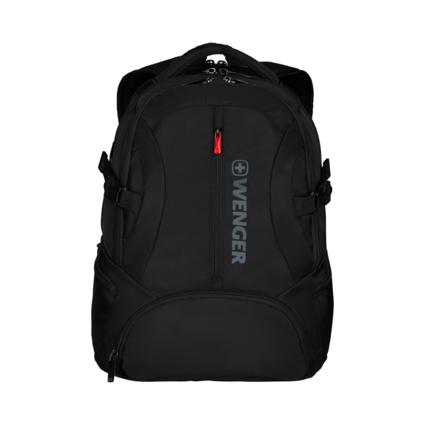 Black Wenger backpack with red zipper and logo on a black background, perfect for travel.