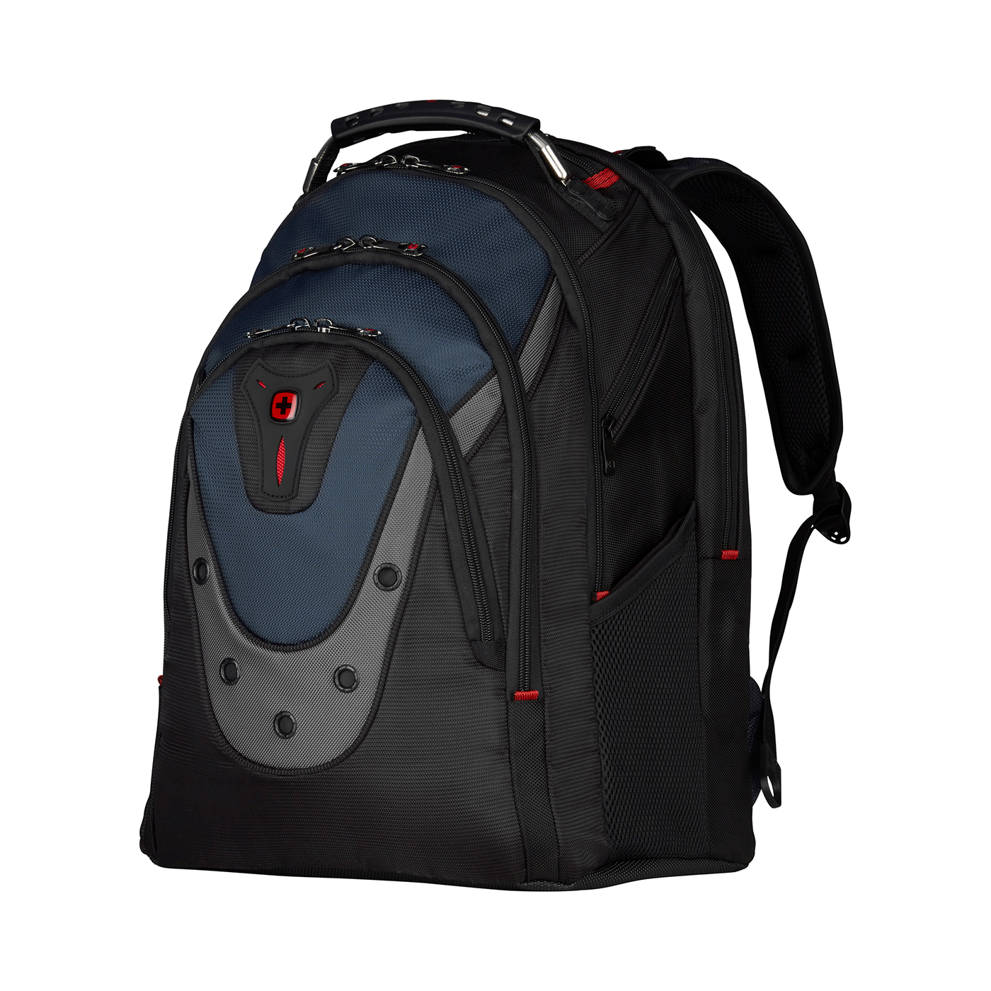 Black backpack with blue and grey accents on a black background, side view.