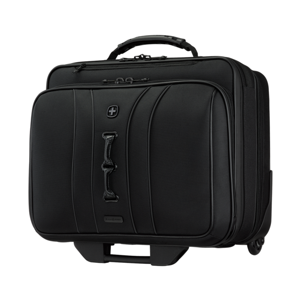 Black suitcase with handle, wheels, and zippers, for travel and transport of items.