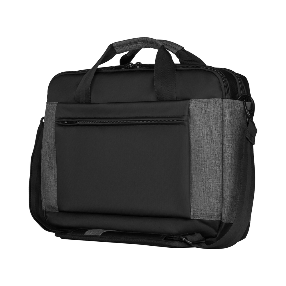 Black briefcase with gray accents and zippers, isolated on a black background