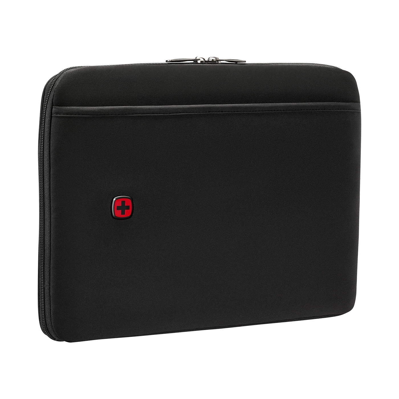 Schwarze Laptoptasche mit Reißverschluss und rotem Logo, isoliert auf weißem Hintergrund.