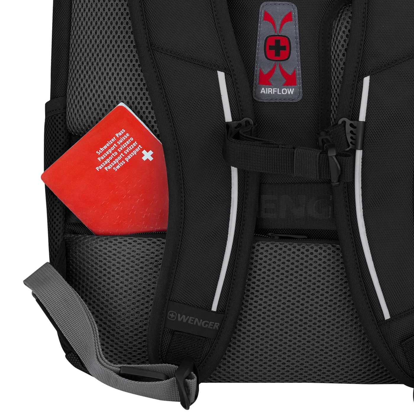 Black backpack with Swiss passport and Airflow feature by Wenger.