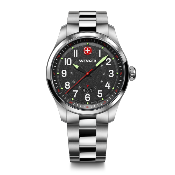 Wenger watch with black dial and silver bracelet. Swiss made design and style.