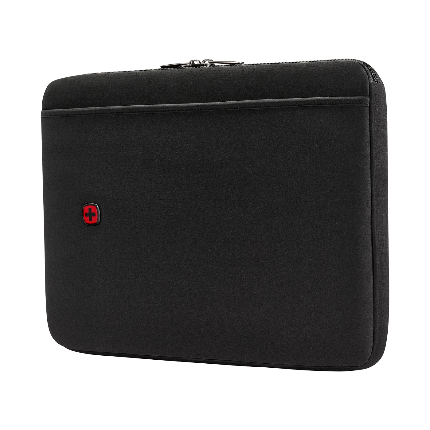 Schwarze Laptoptasche mit Reißverschluss und rotem Logo, isoliert auf weißem Hintergrund.