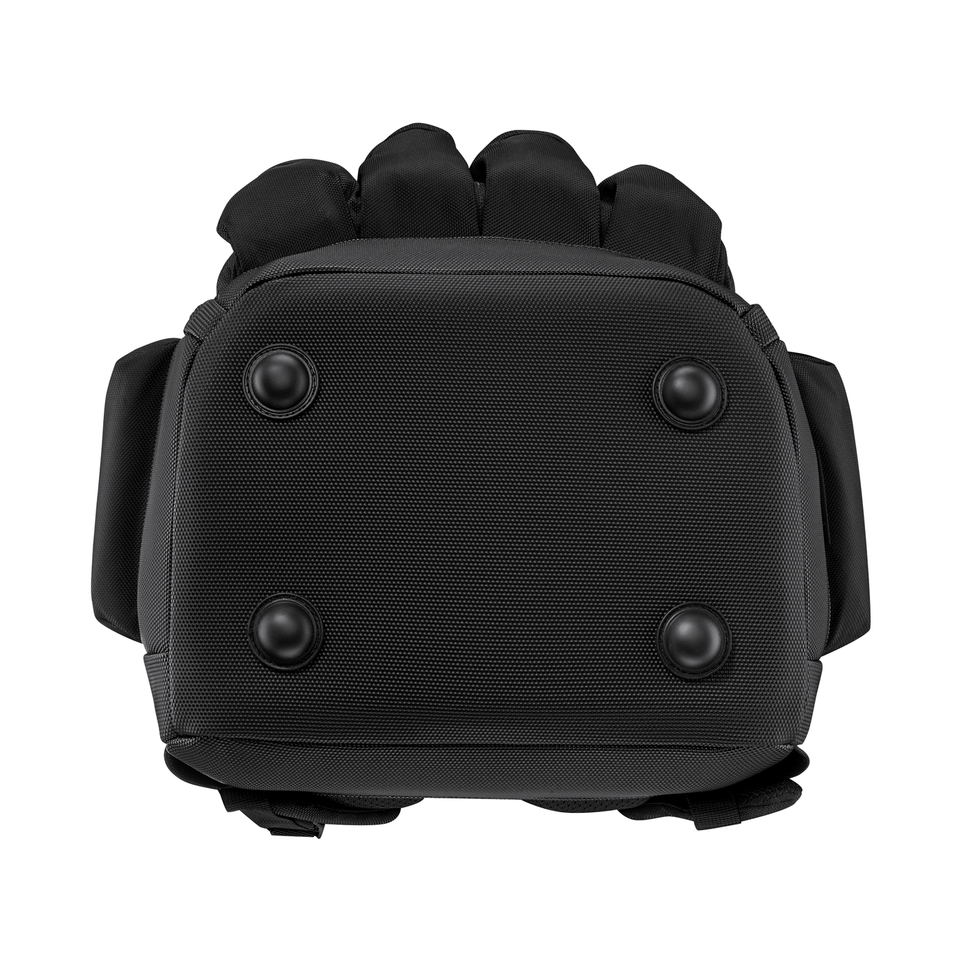 Black backpack from below with four feet