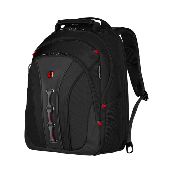 Black backpack with red accents and Swiss cross logo on a black background