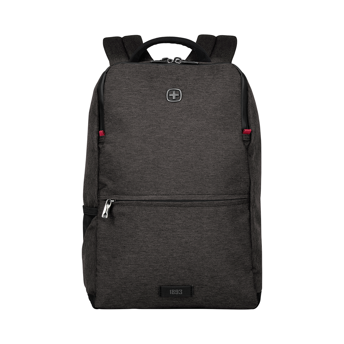 Dark gray backpack with zipper and logo on a black background, modern design.