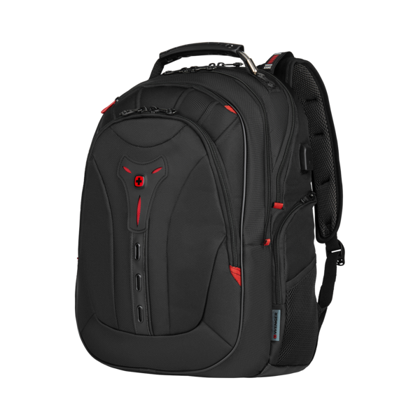 Black backpack with red accents and the Wenger logo, perfect for travel.