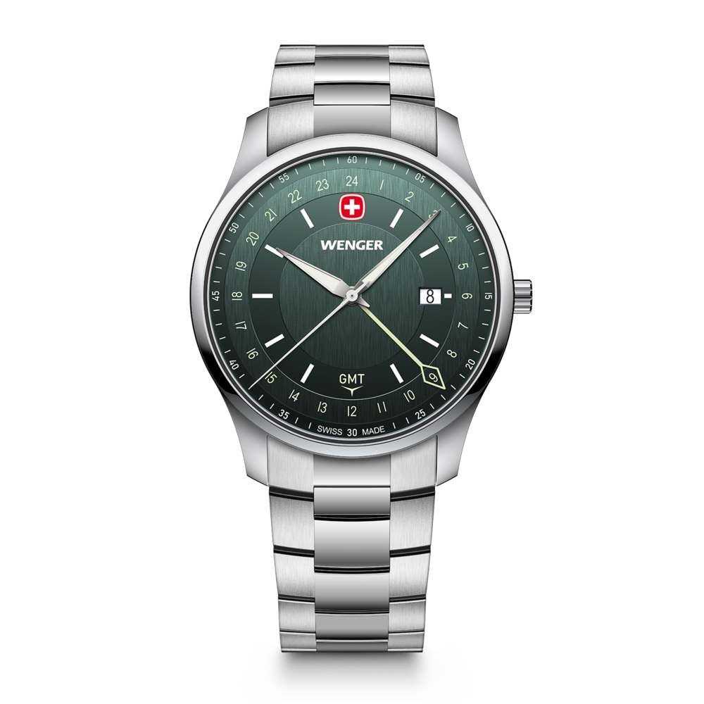 A silver Wenger wristwatch with a green dial and a date window.