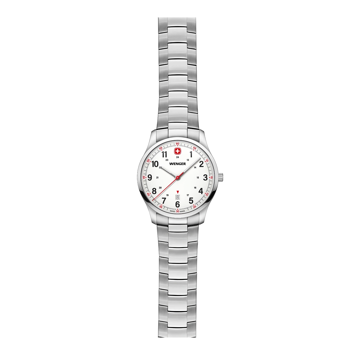 Wenger watch with white dial and silver band, black background, Swiss made.