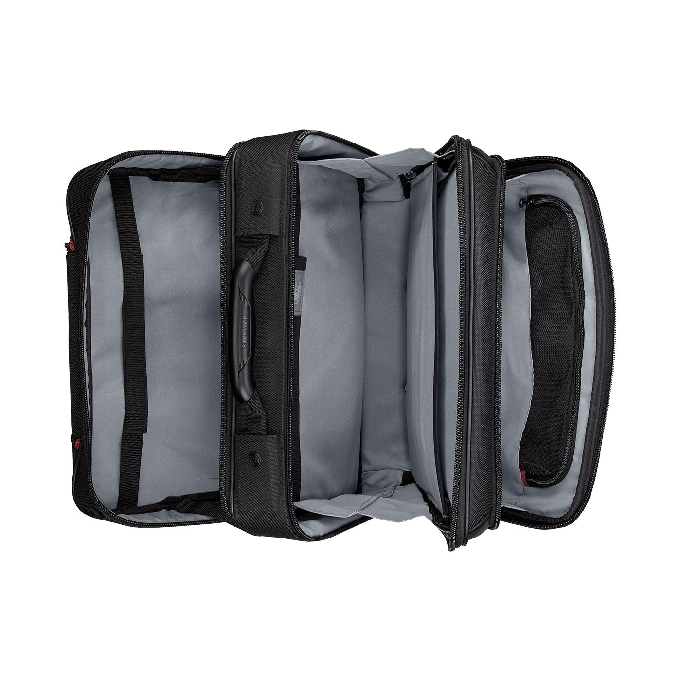 Black briefcase with multiple compartments, open, with handle and zippers.