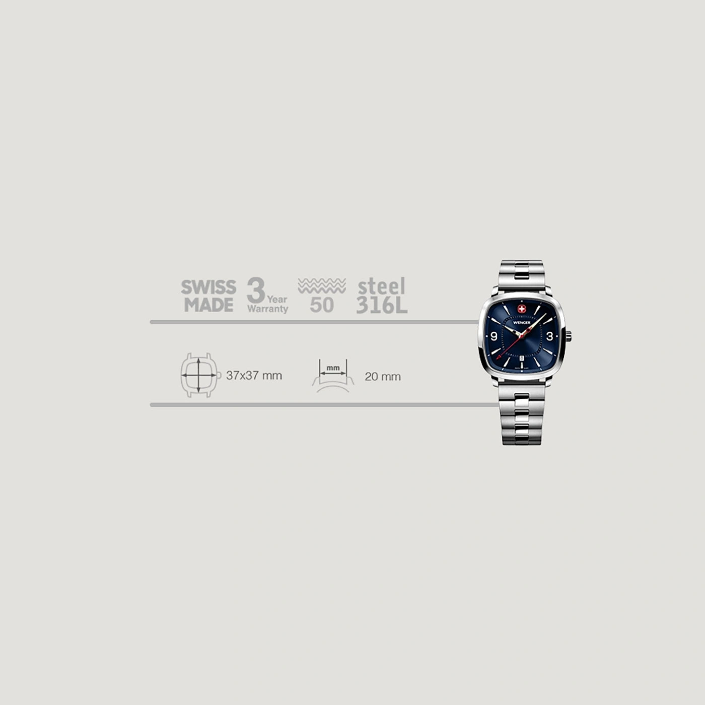 Swiss watch with steel bracelet, 37x37mm case, 20mm band width, 3-year warranty.