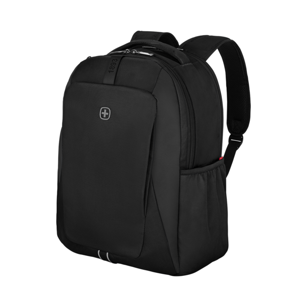 Black backpack with Swiss cross, 1893, for school or work, sturdy design, side pocket