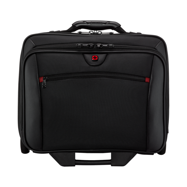 Black suitcase with handle and wheels, Wenger brand, for travel or work purposes