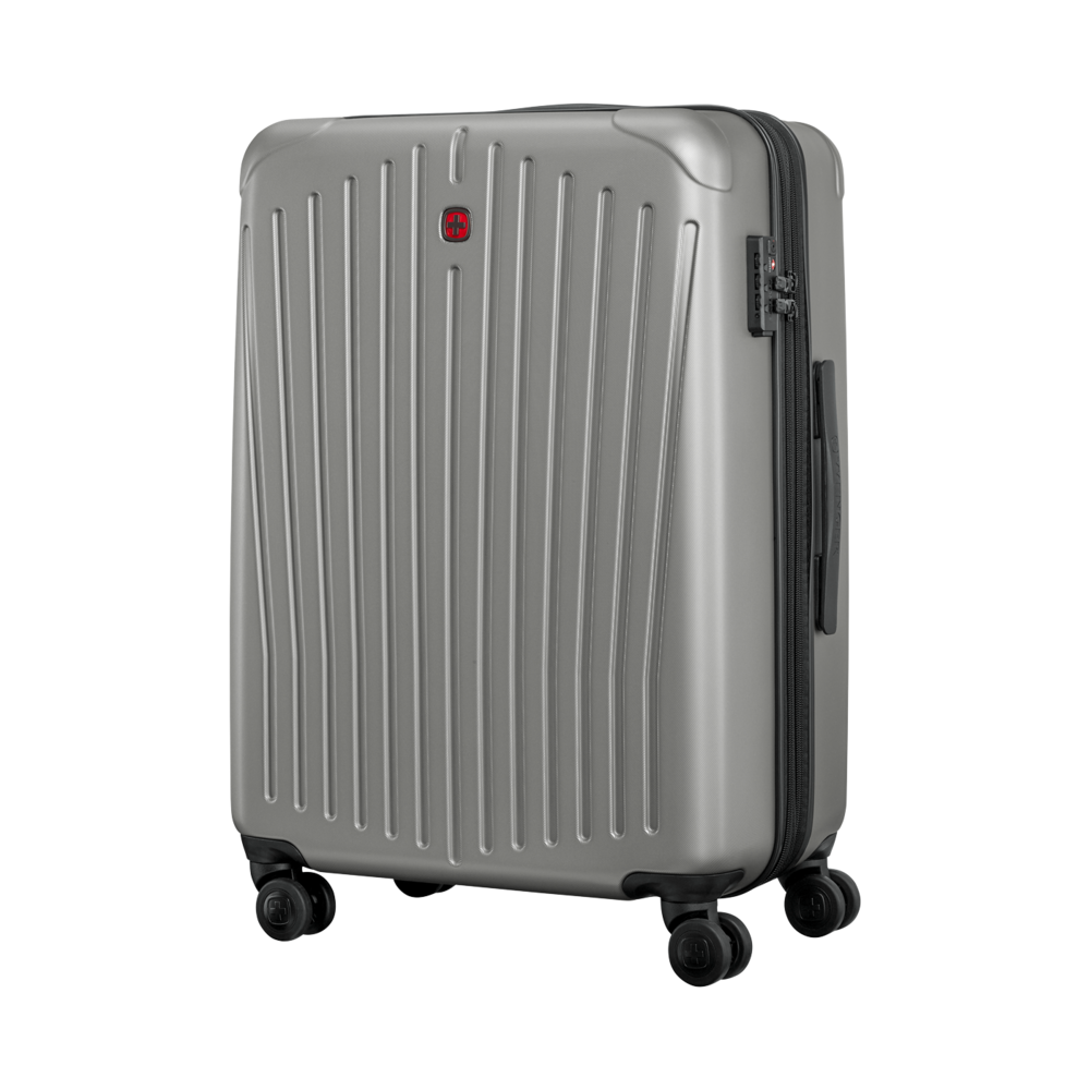 Gray suitcase with vertical lines, wheels and lock, isolated on white background
