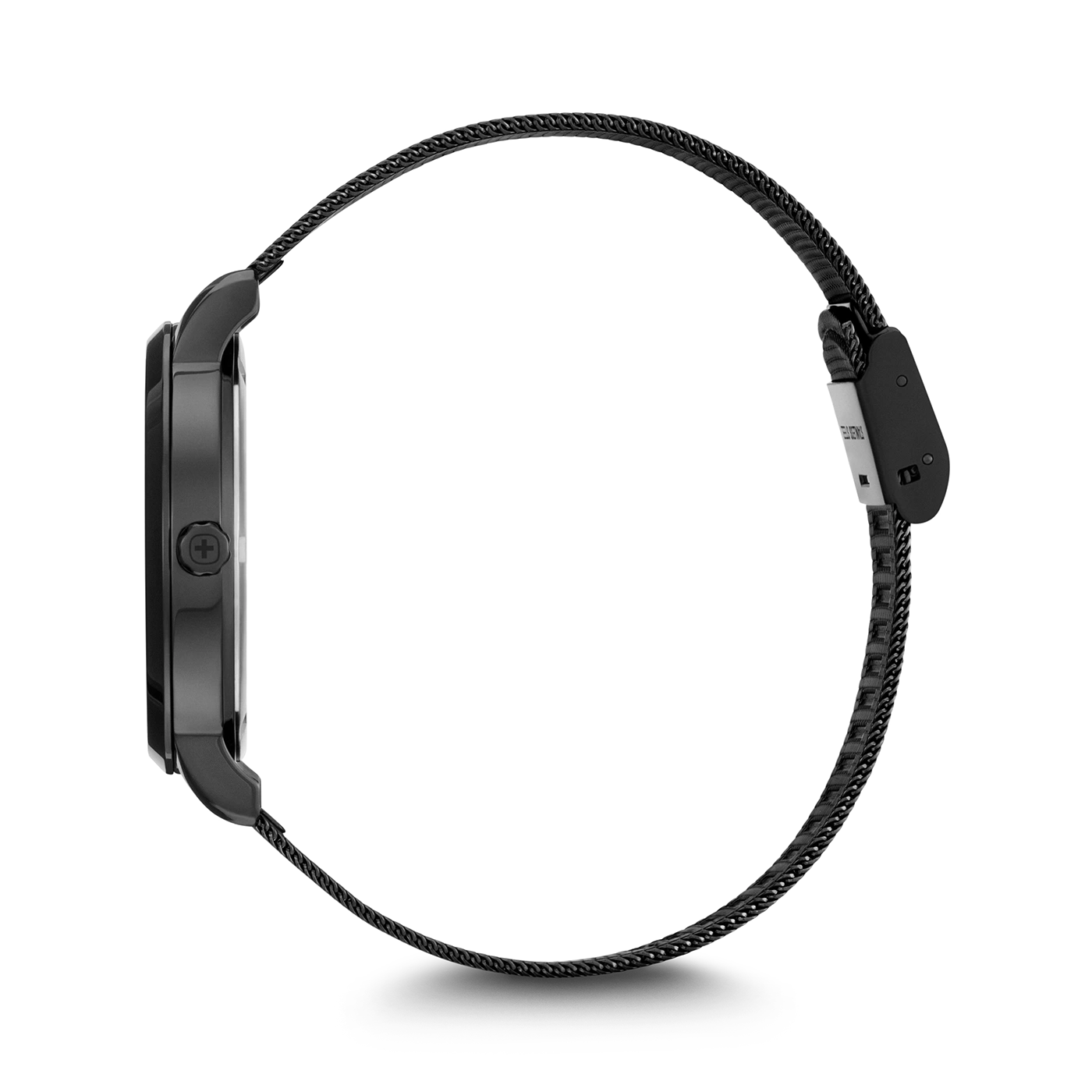 Schwarze Uhr mit schwarzem Armband, Seitenansicht, auf schwarzem Hintergrund.