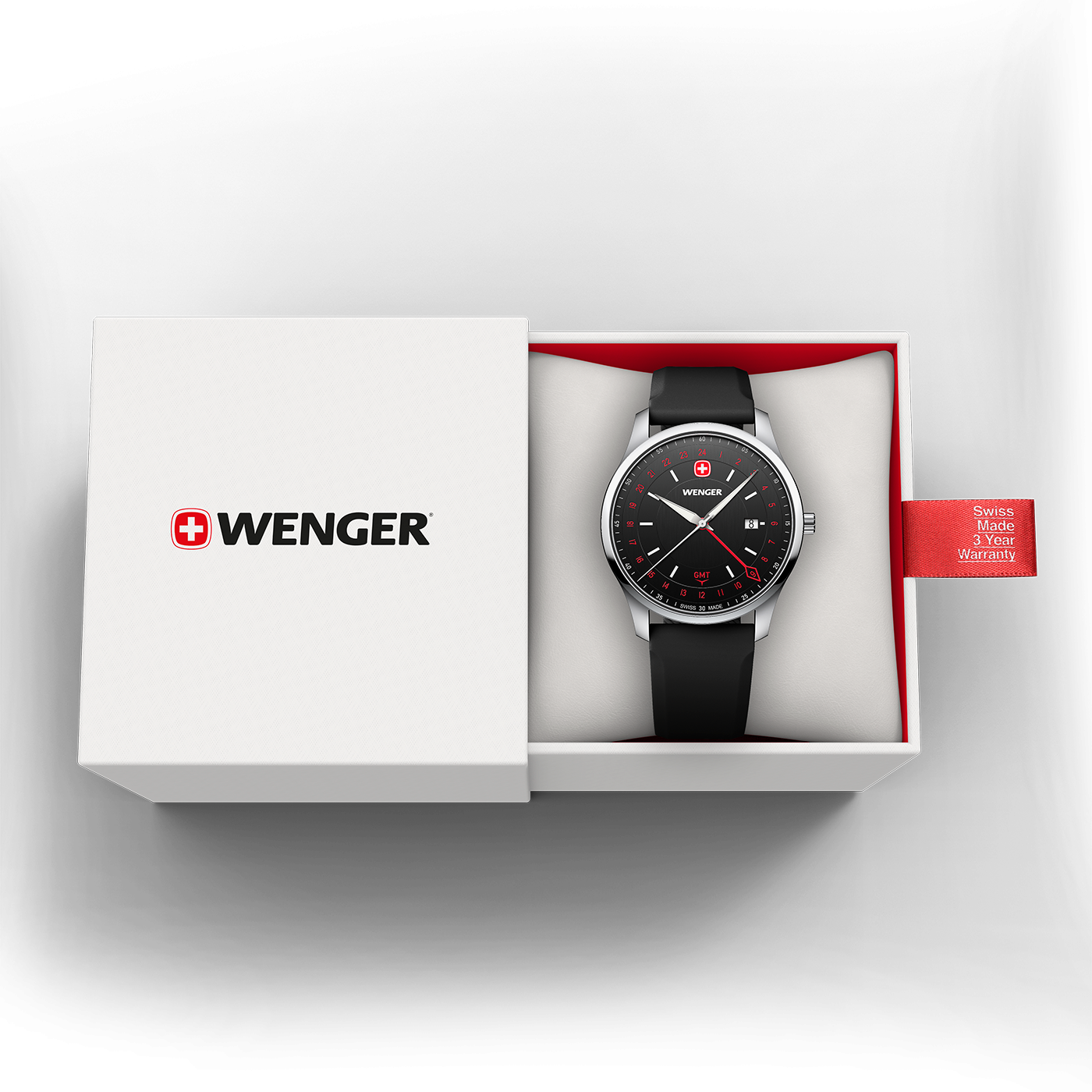 A Wenger watch with a black strap and red warranty card in a white box.
