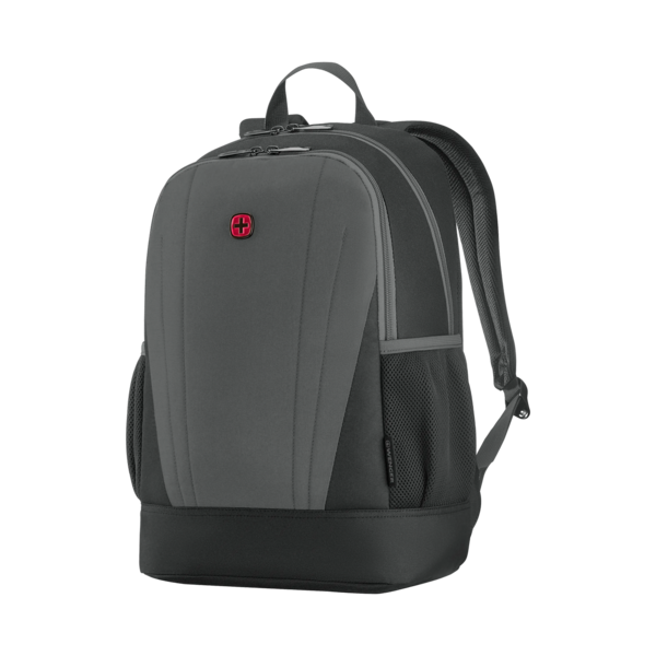Gray backpack with red logo and black bottom, Wenger brand, side view.