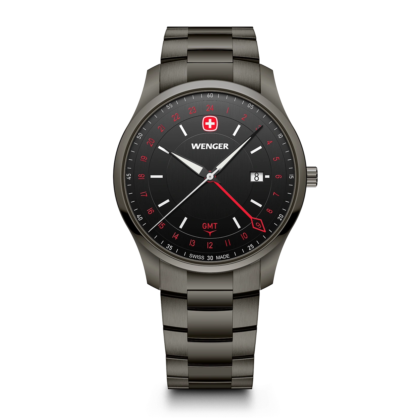Men's watch silver-black Ø 42 mm Swiss Made Quartz Watch with GMT Function
