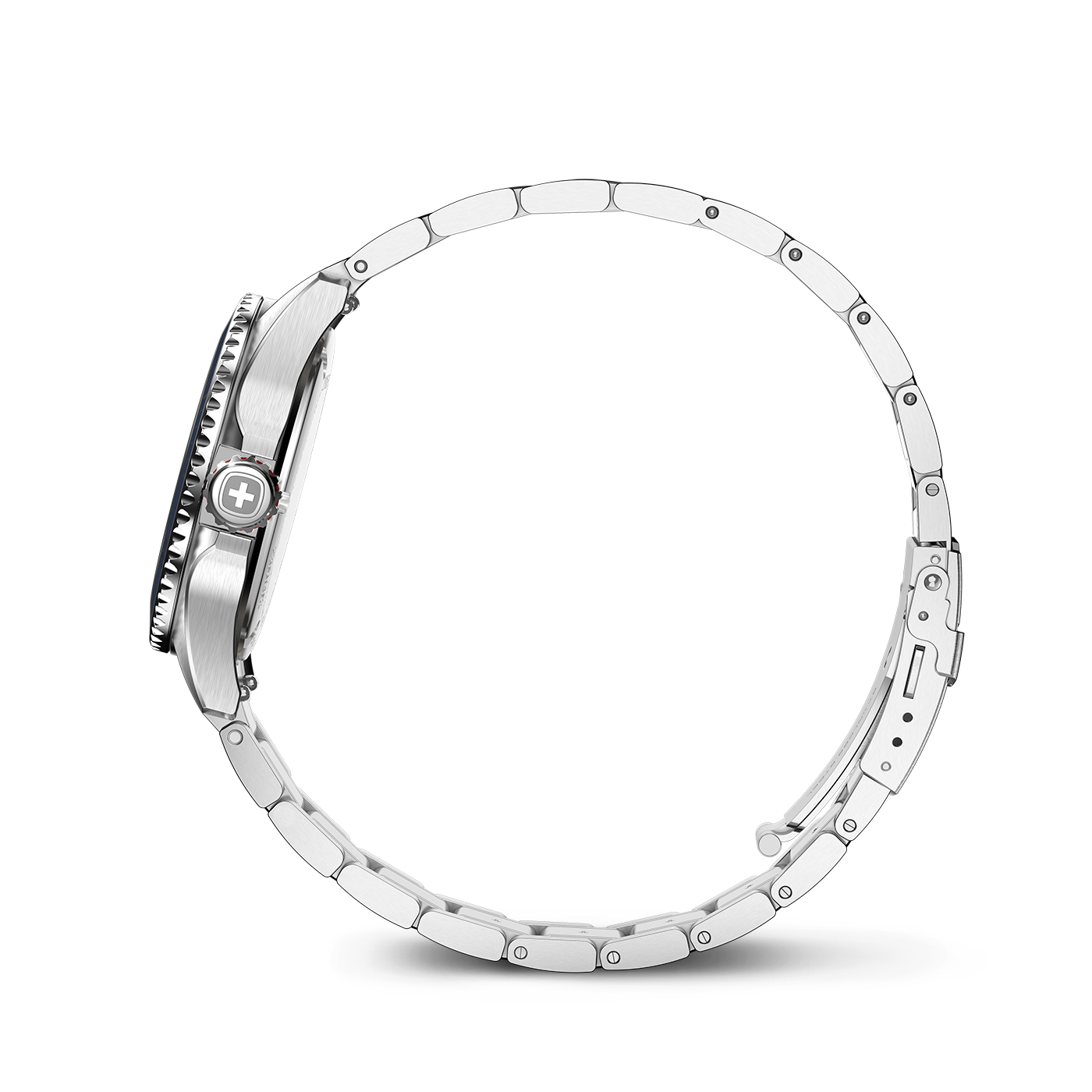 A silver wristwatch with a metal bracelet shown in profile.