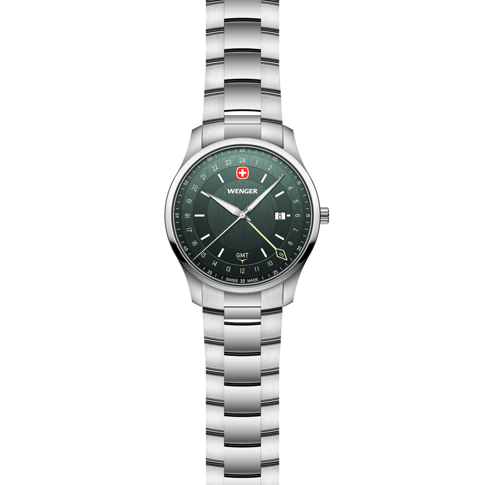 Wenger GMT men's watch with silver bracelet and green dial