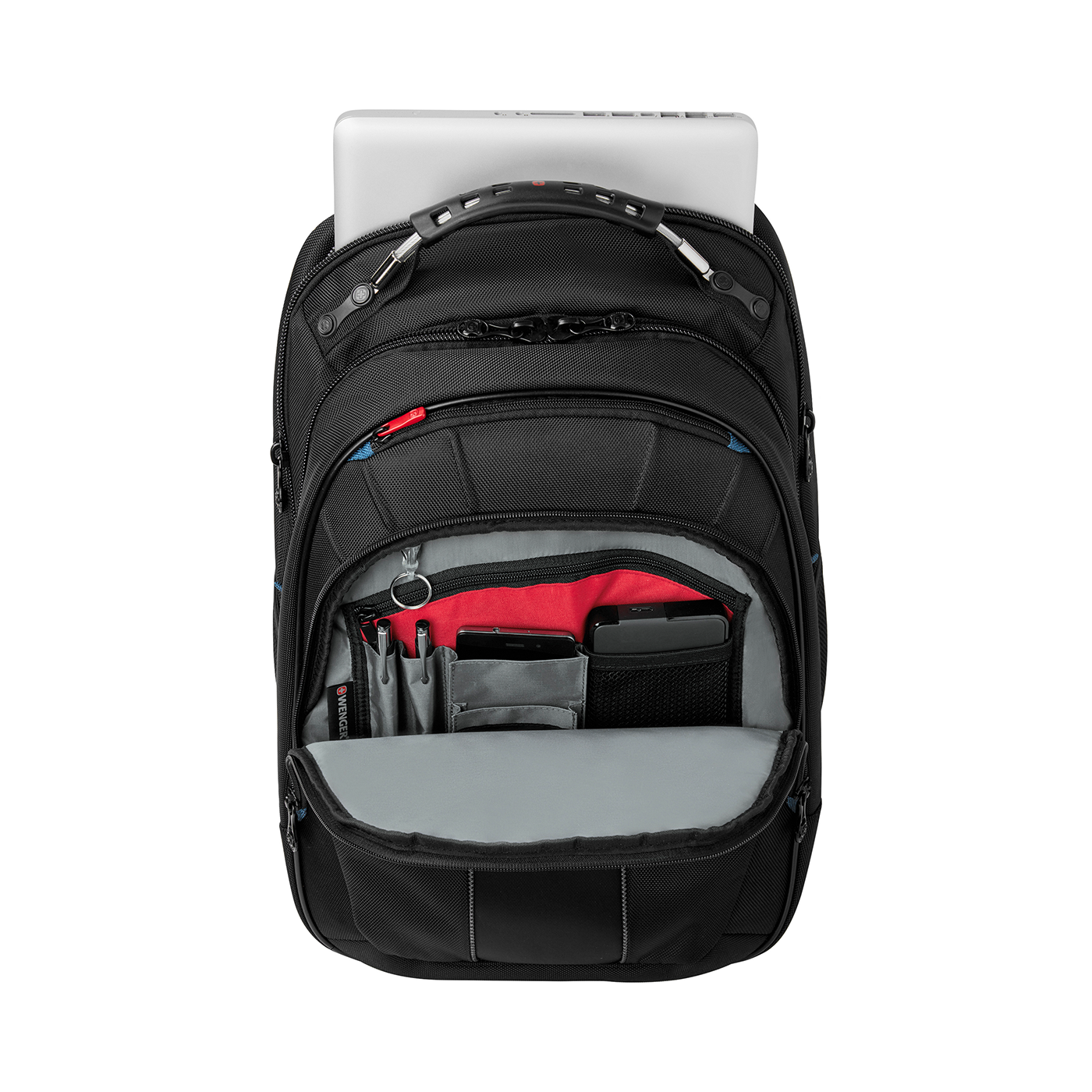 Black backpack open with laptop and many compartments, seen from above.