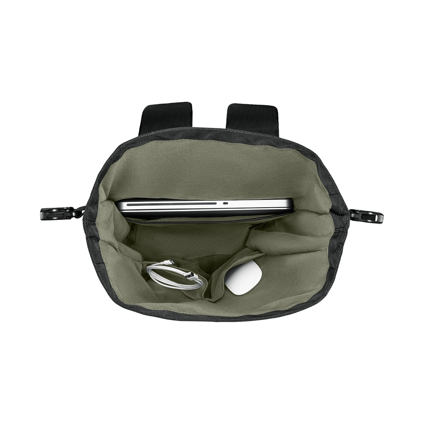 Open bag with laptop, cable, and mouse on a white background.