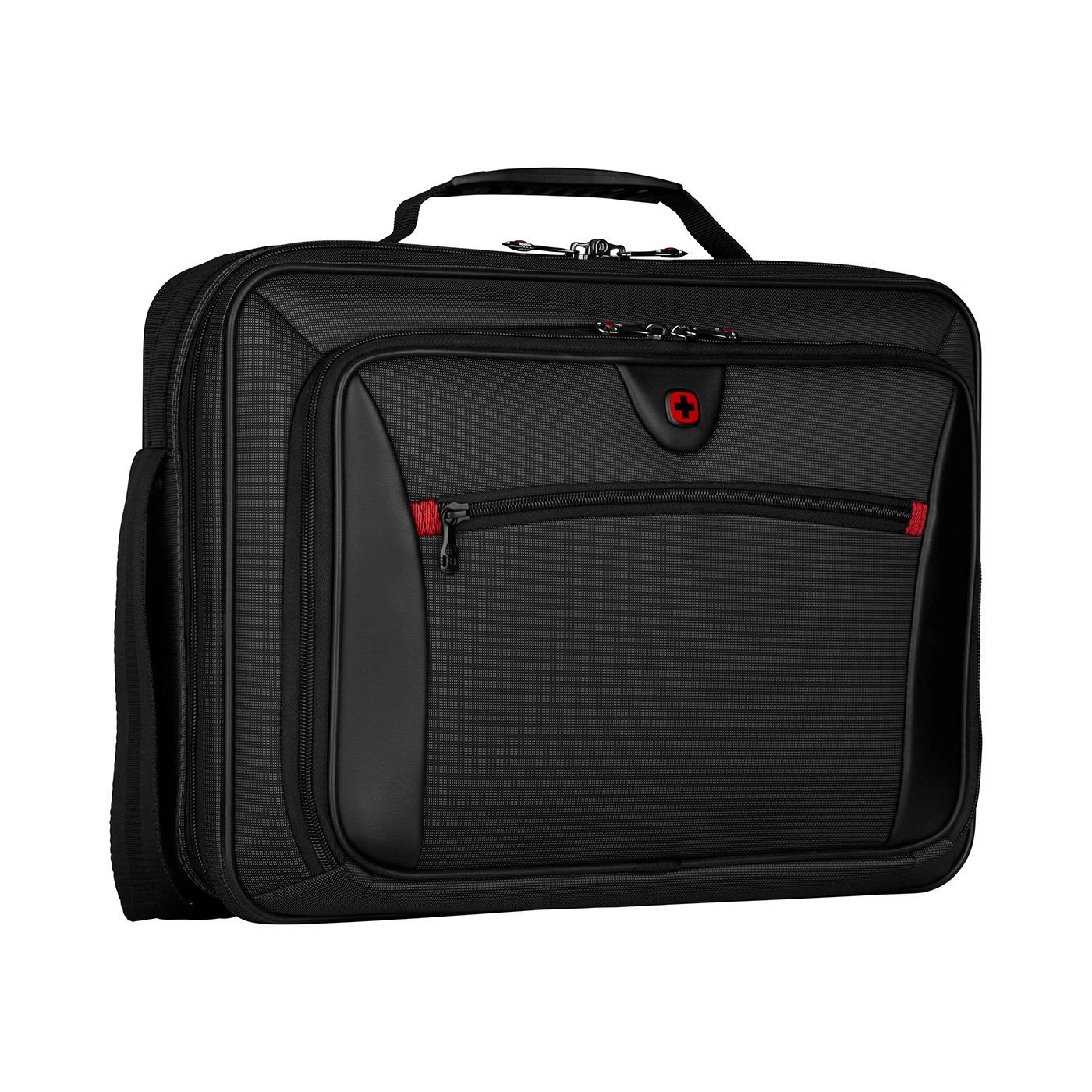 Black briefcase with red accents and Swiss cross logo on the front