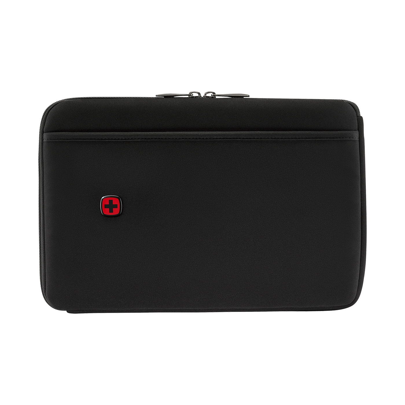 Black laptop sleeve with red cross logo and zipper, simple design, plain surface.