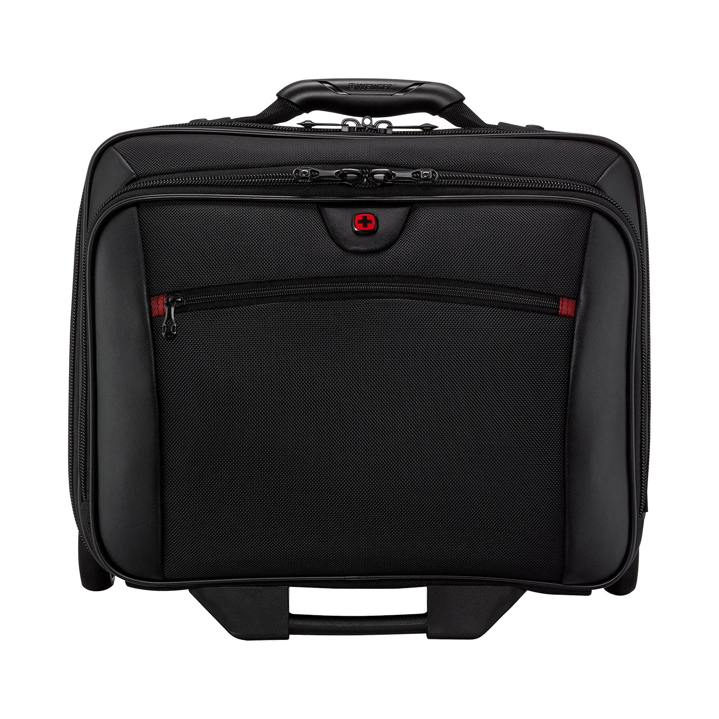 Black suitcase with handle and wheels, Wenger brand, for travel or work purposes