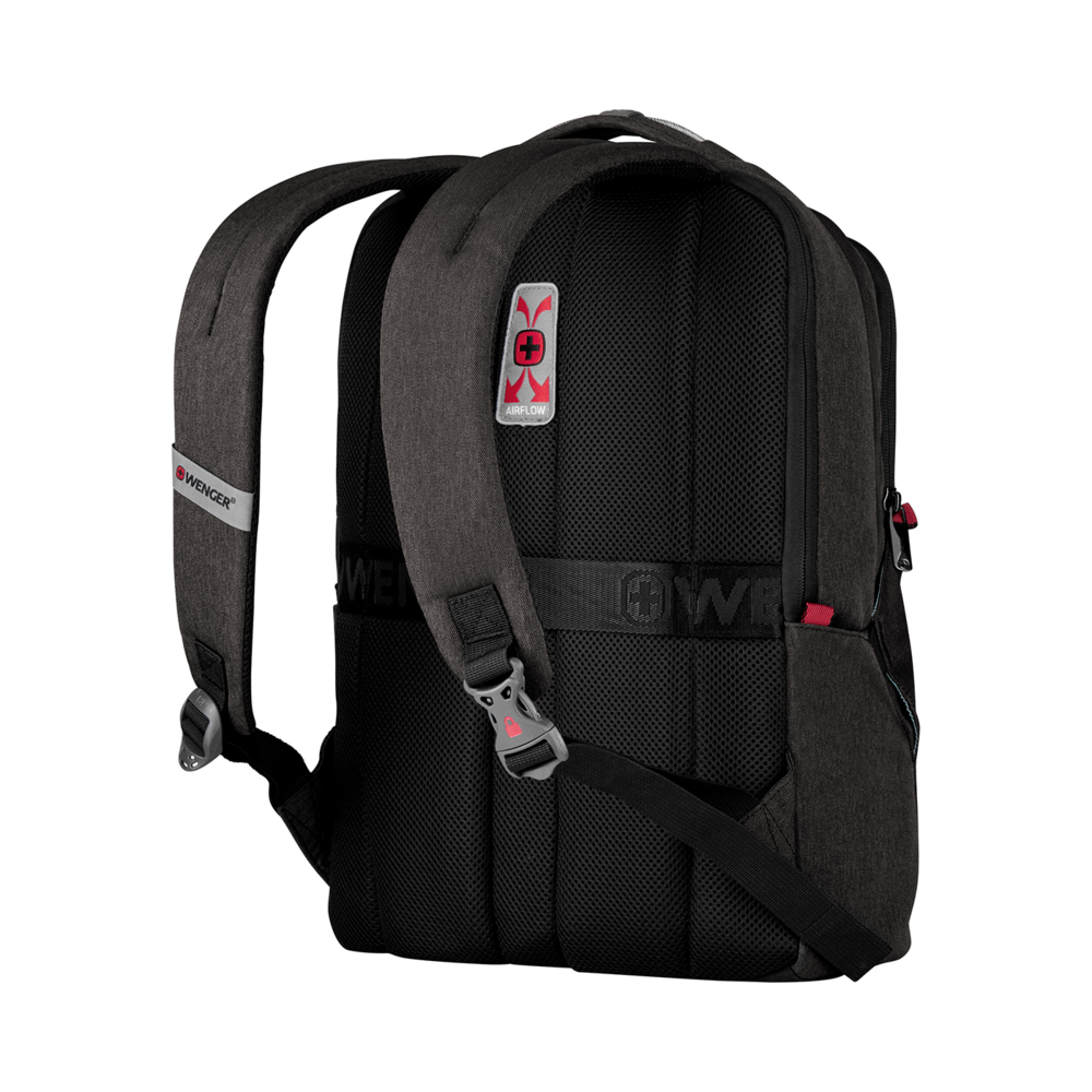 Black backpack with Airflow system and Wenger logo, detail view, close-up, isolated on black background.