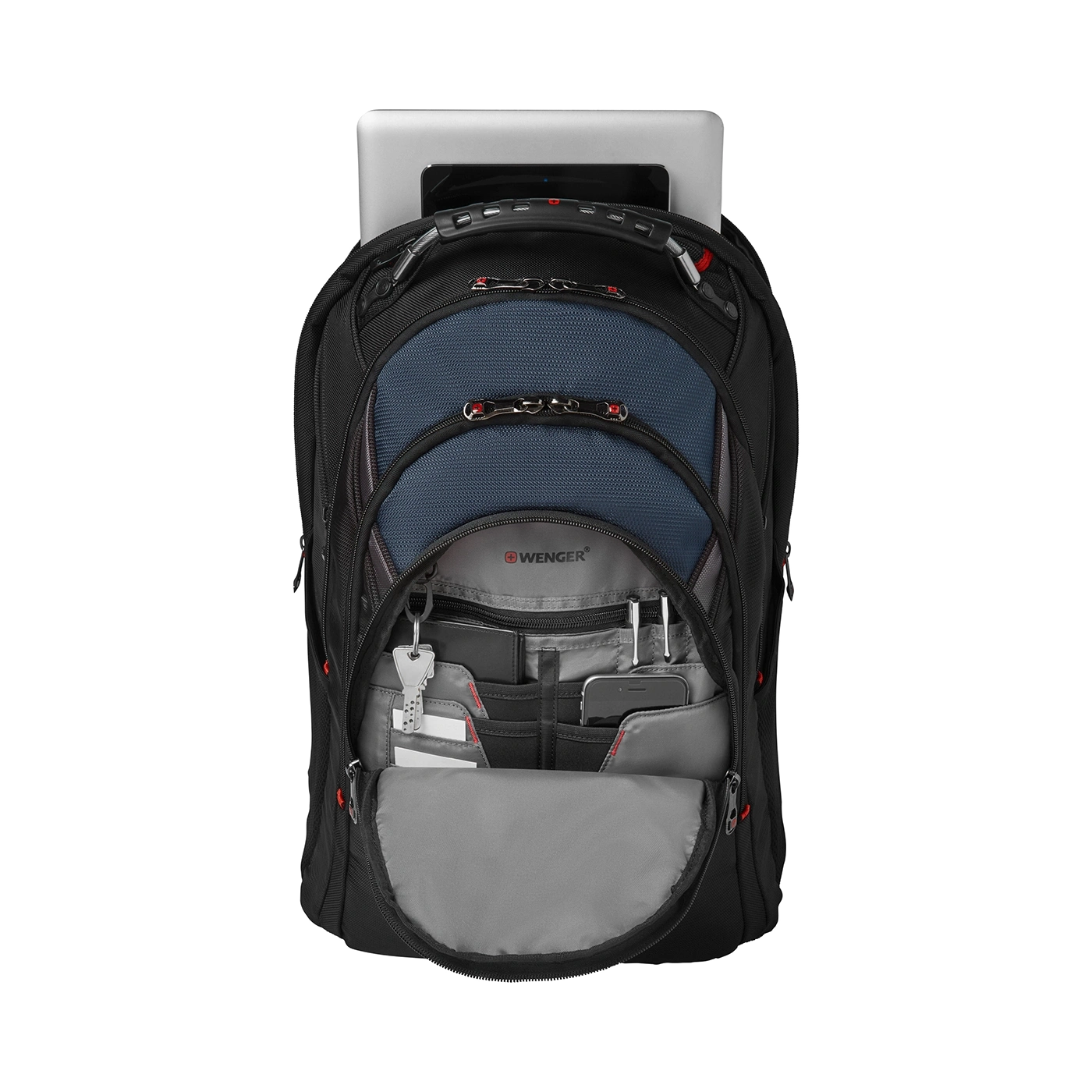 Black backpack with laptop and accessories, open, on a black background.