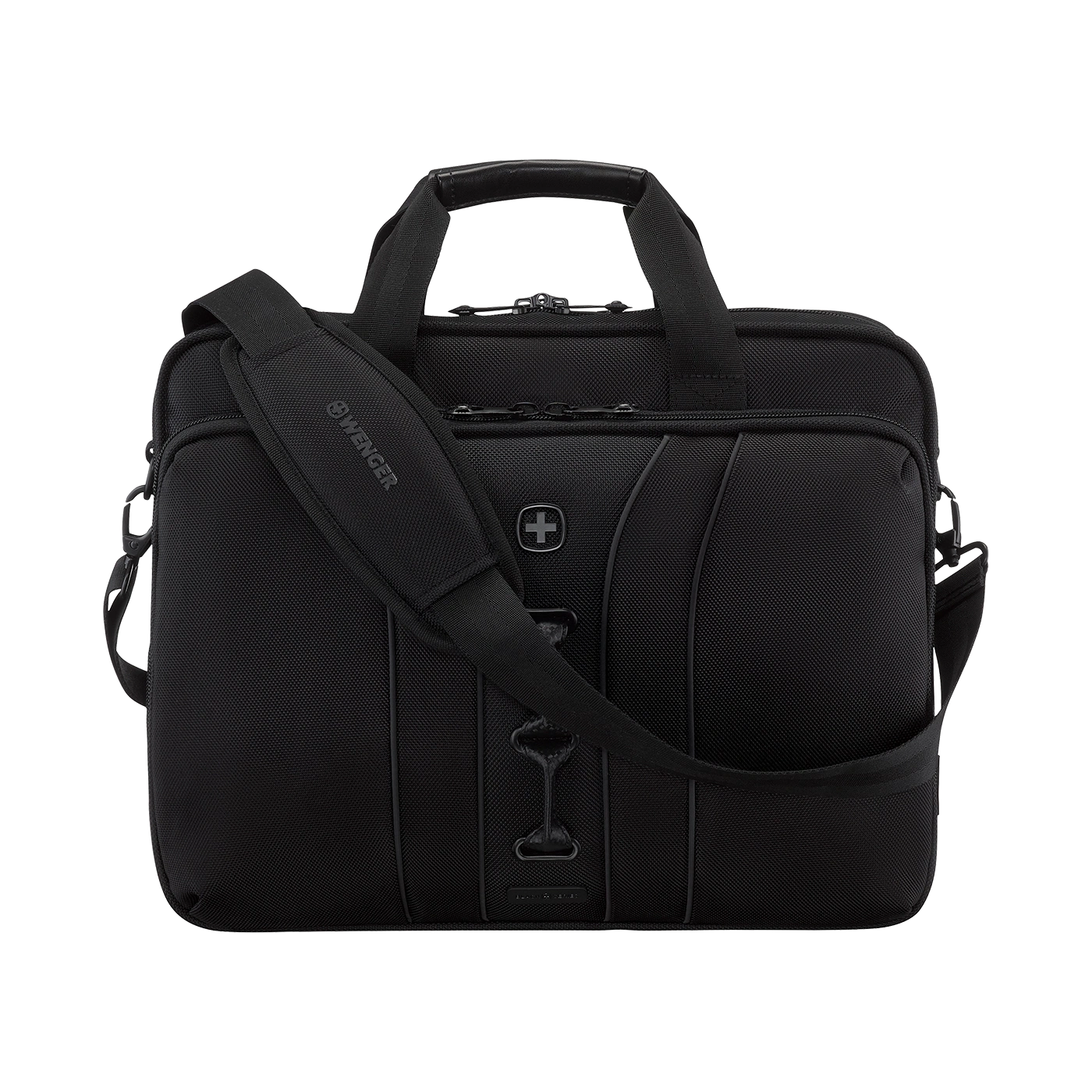 Black Wenger briefcase with shoulder strap and logo, professional design.
