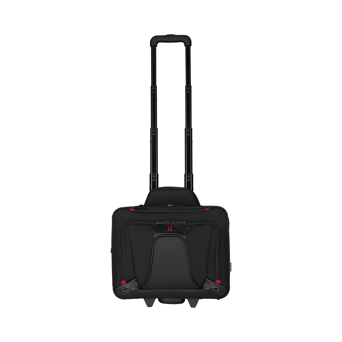 Black rolling suitcase with retractable handle and wheels on black background.