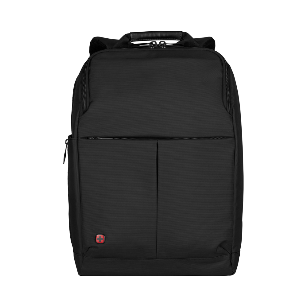 Black backpack with red logo on black background. Luggage. Travel bag.