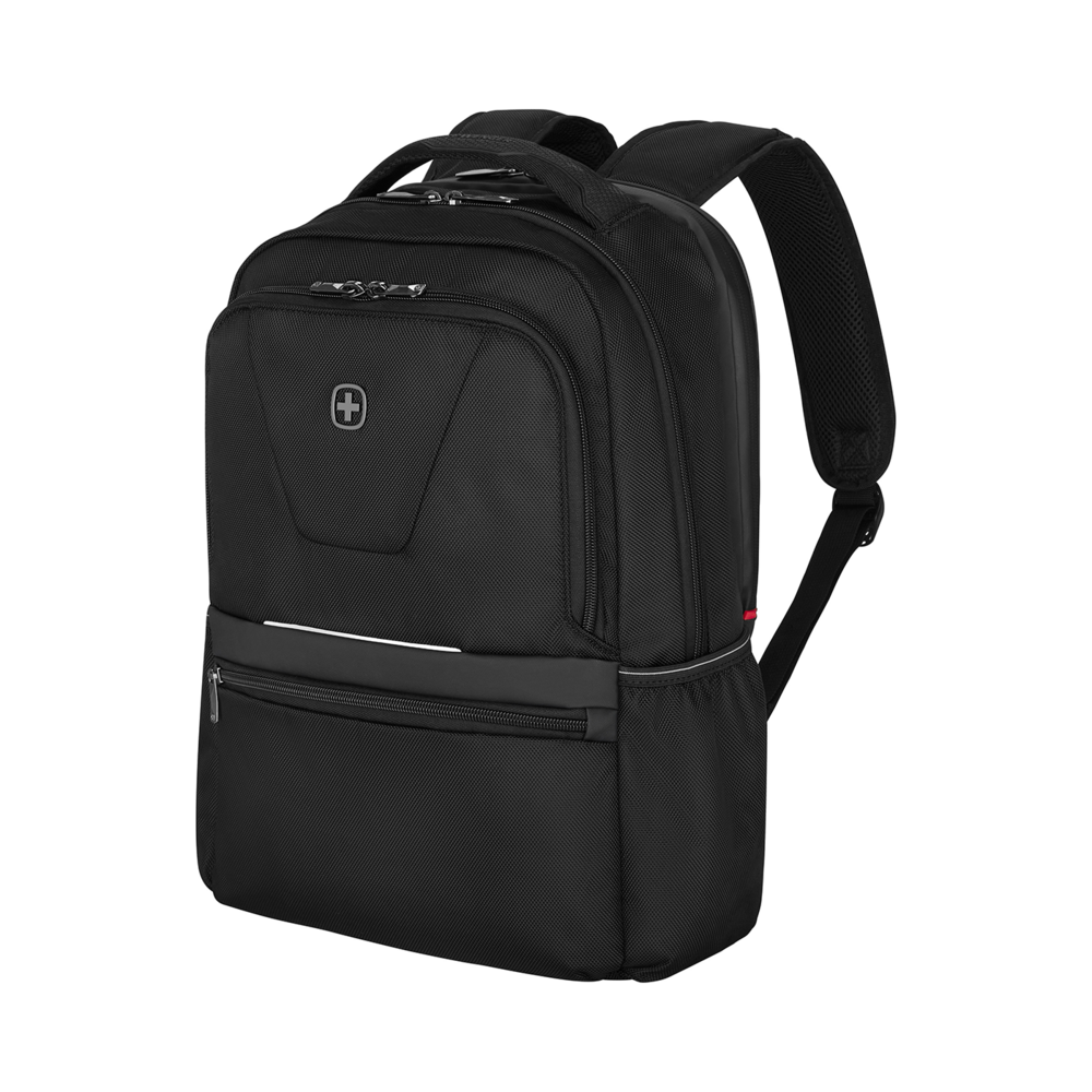 Black backpack with Swiss cross, zippers, and padded straps against a black background