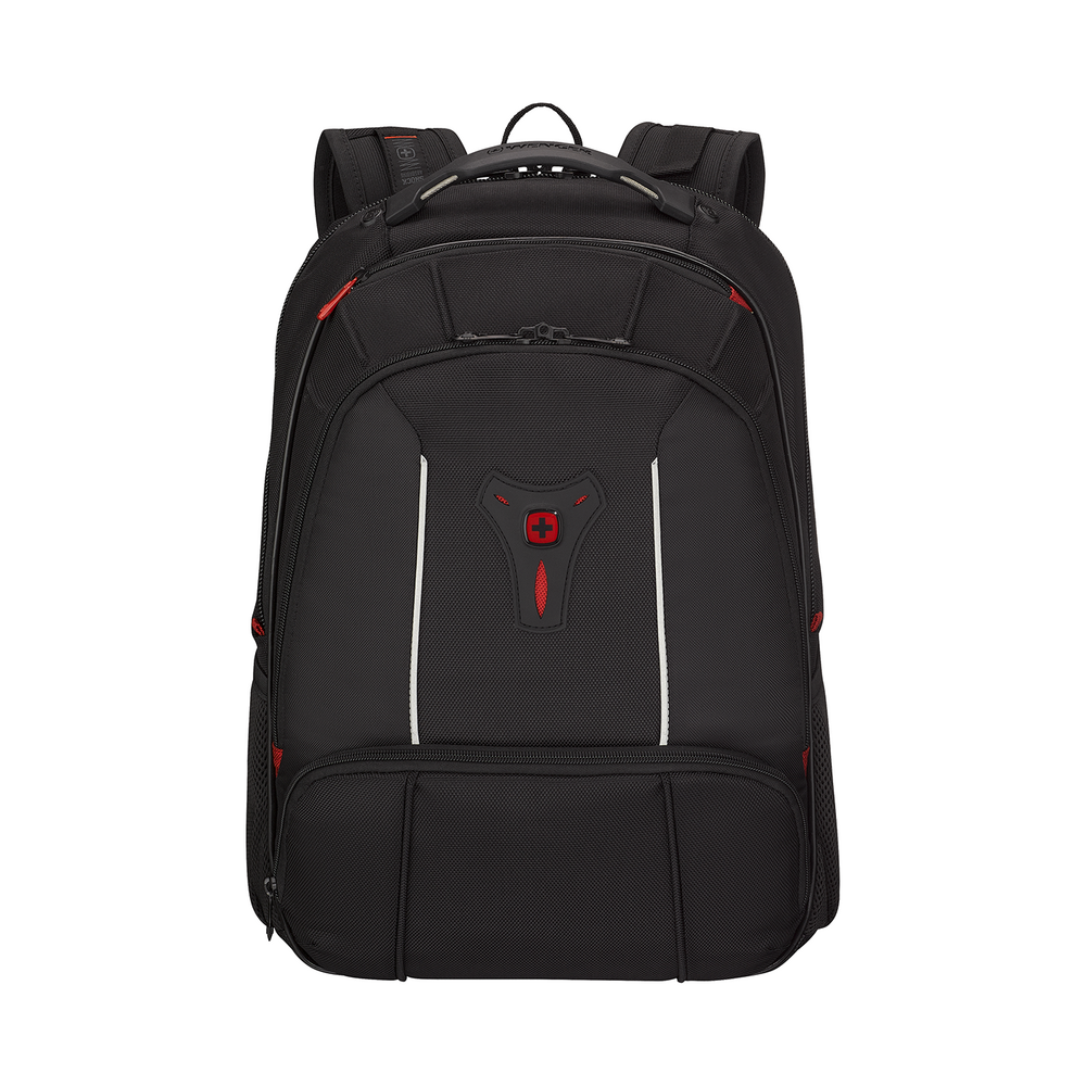 Black backpack with red accents and white stripe, Swissgear brand.