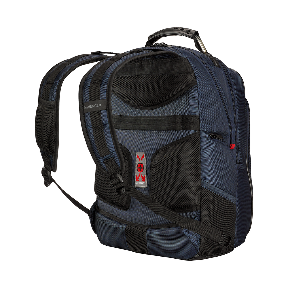 Blue backpack with black mesh, handle, and Wenger branding. Airflow system.