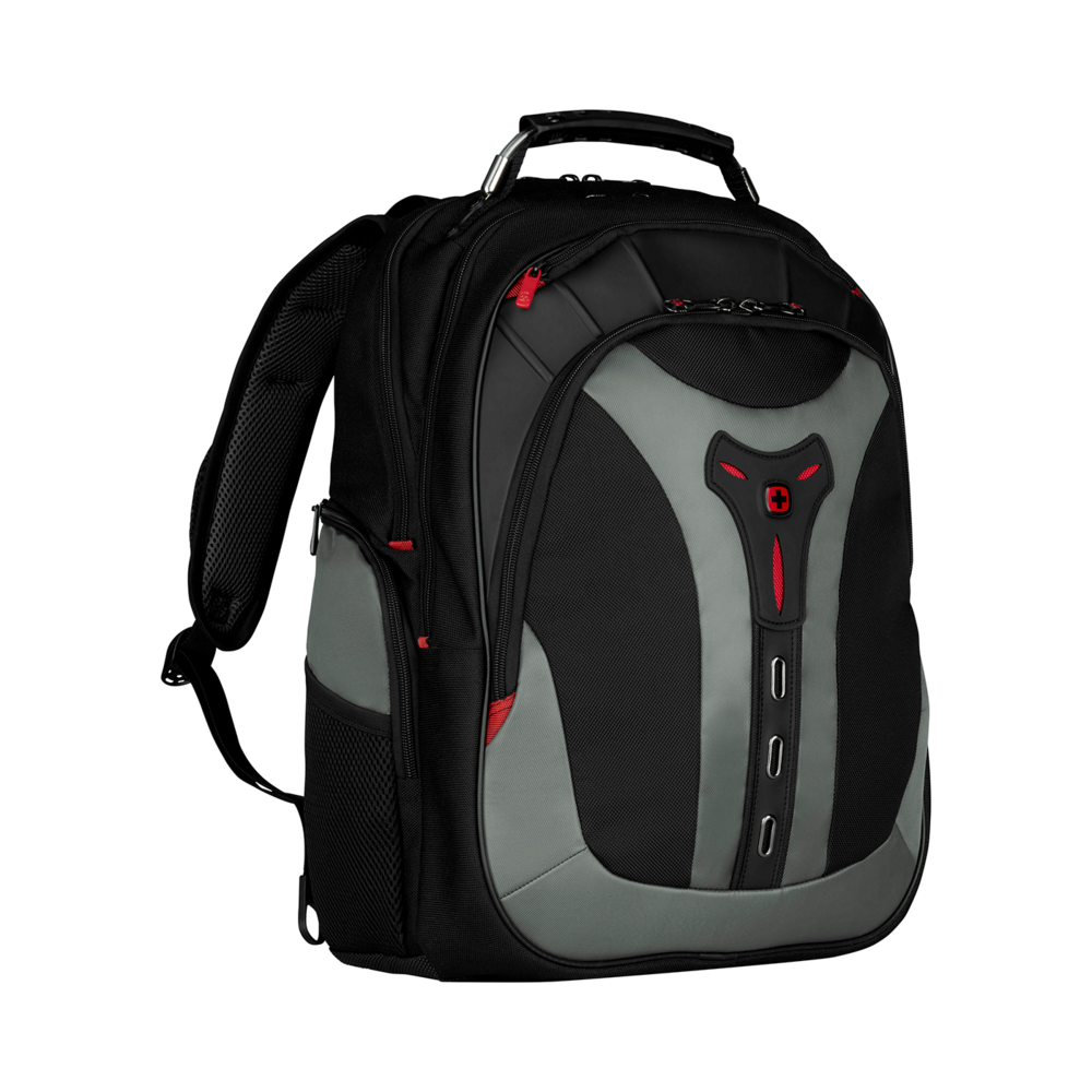Black backpack with red accents and gray design on a black background, modern style.
