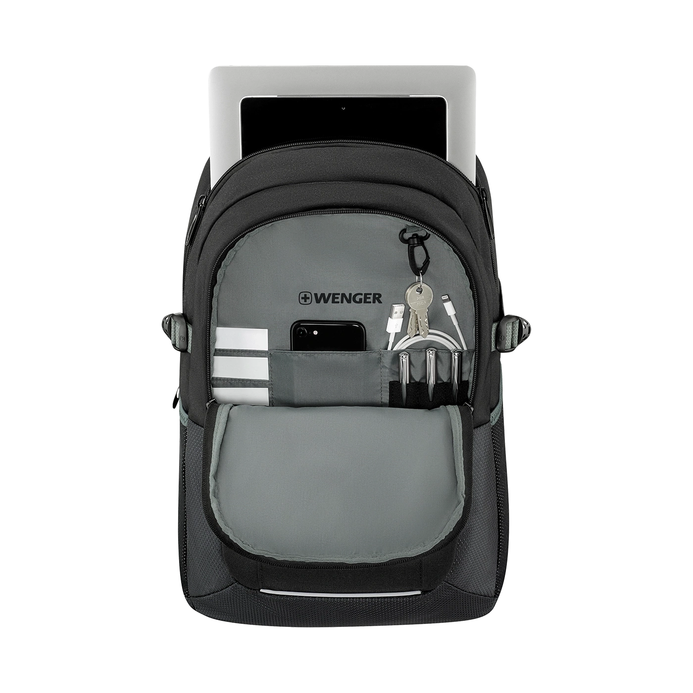 Black backpack with tablet, phone, keys and cables. Wenger logo visible.
