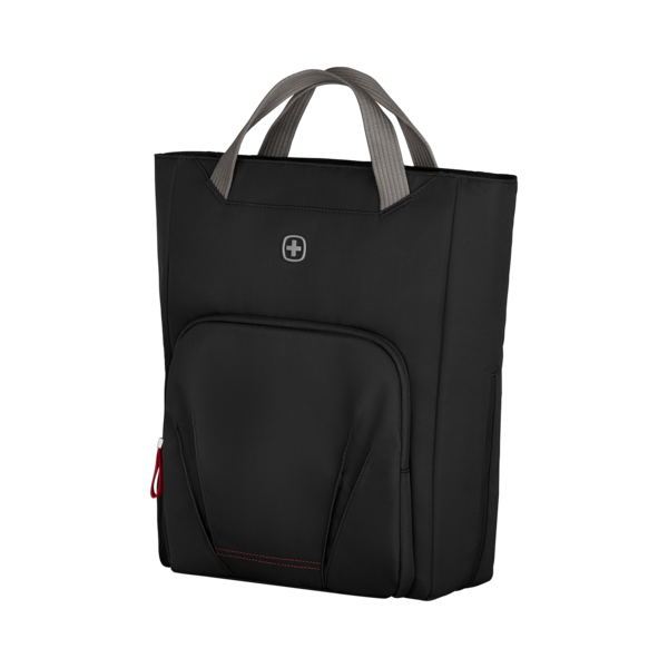 Black tote bag with handles and red stitching isolated on black background.