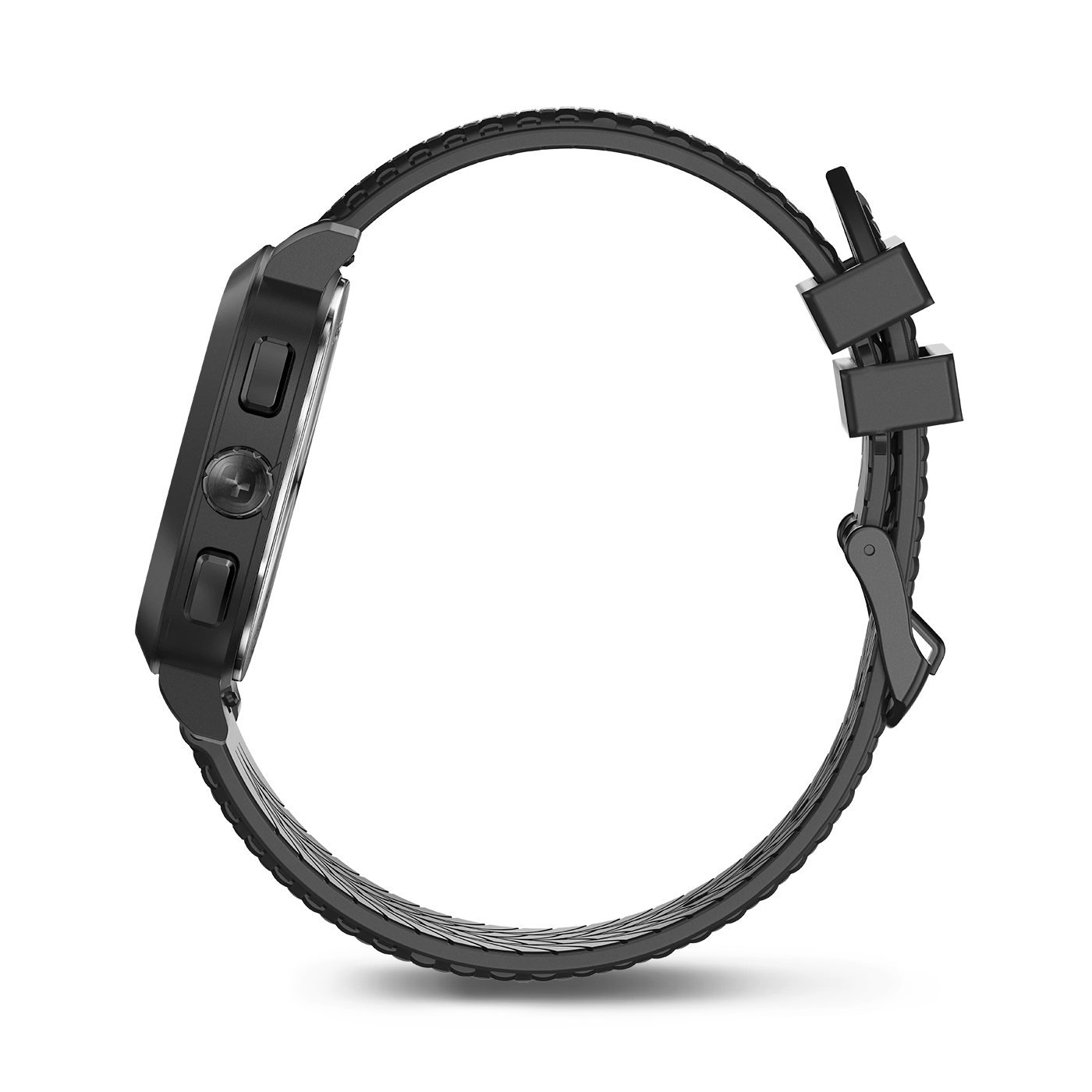 Schwarze Smartwatch mit Armband, Seitenansicht, Detailaufnahme, Technologie