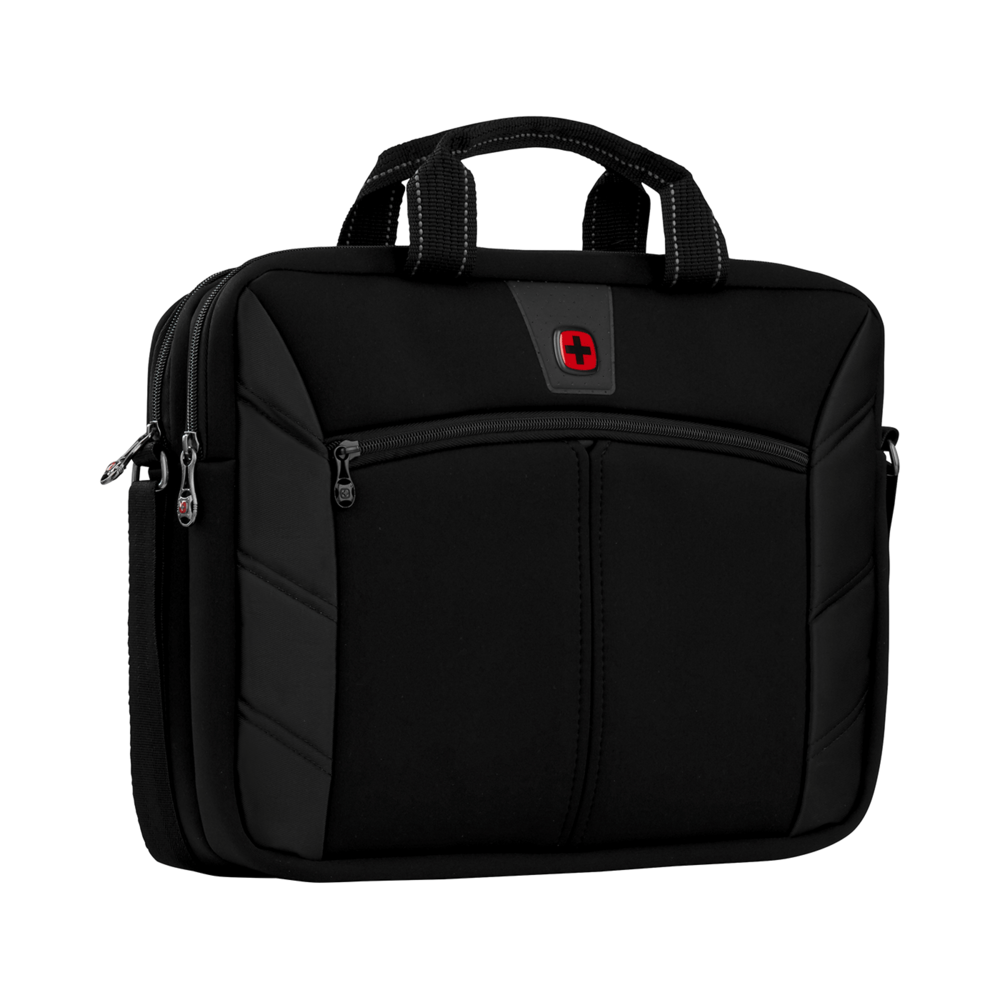 Black laptop bag with red cross logo and zippers.