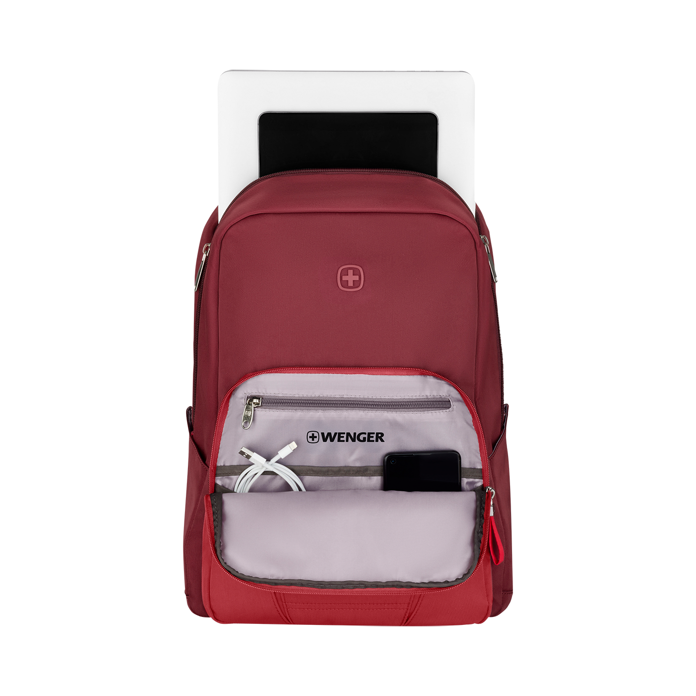 Red backpack with Wenger logo, zipper, and accessories inside the pocket.