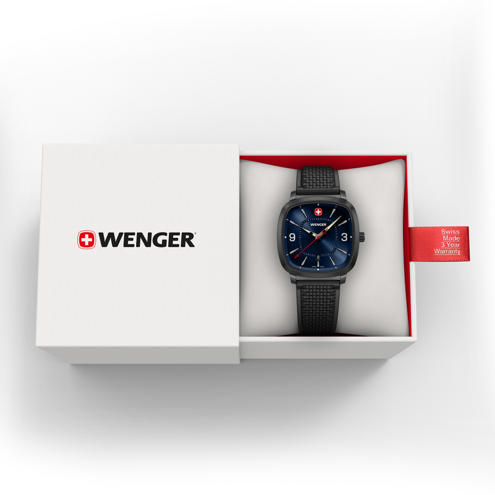 Wenger watch in a box with a red tag and a 3-year warranty